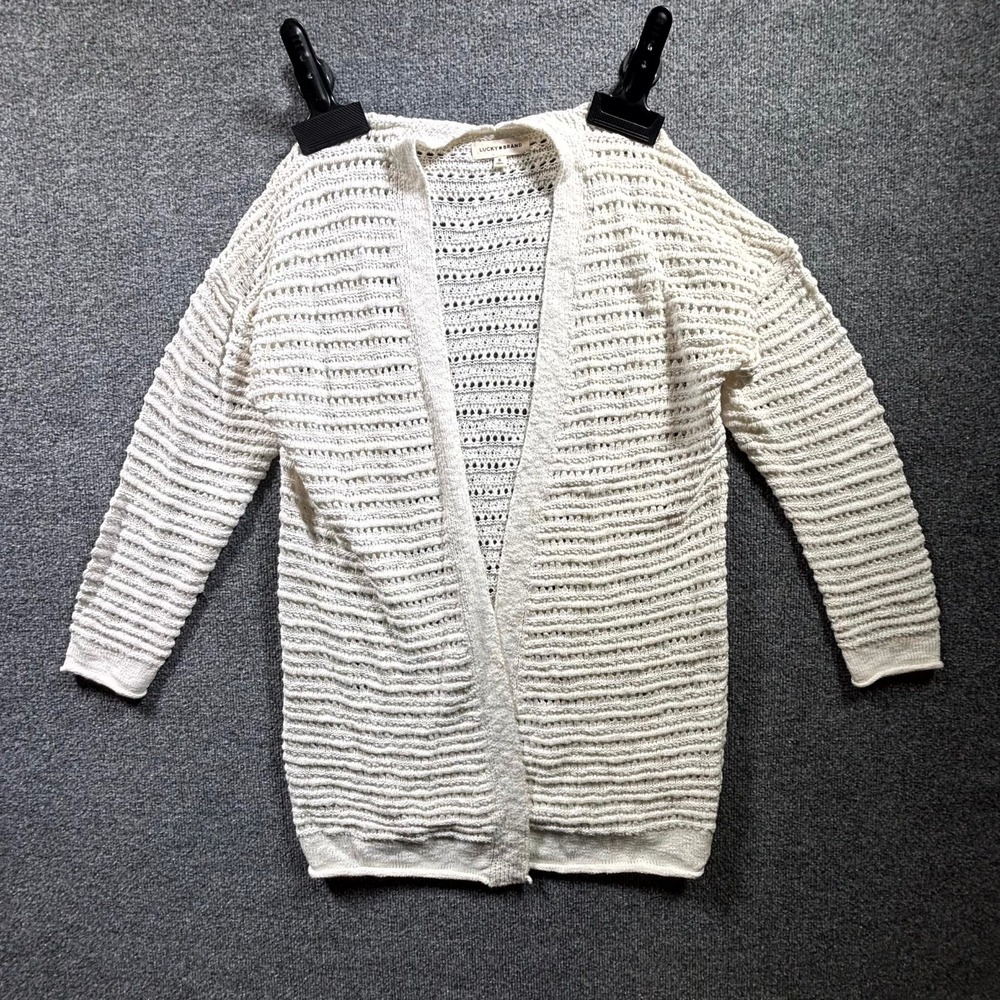 Lucky Brand Knit Cardigan Sweater Women's XL Off White Crochet Open Front V-Neck